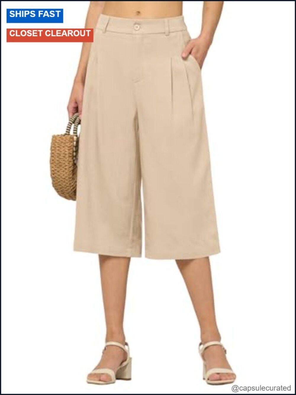 55% Linen Wide Leg Capri Pants High Waisted with Pockets